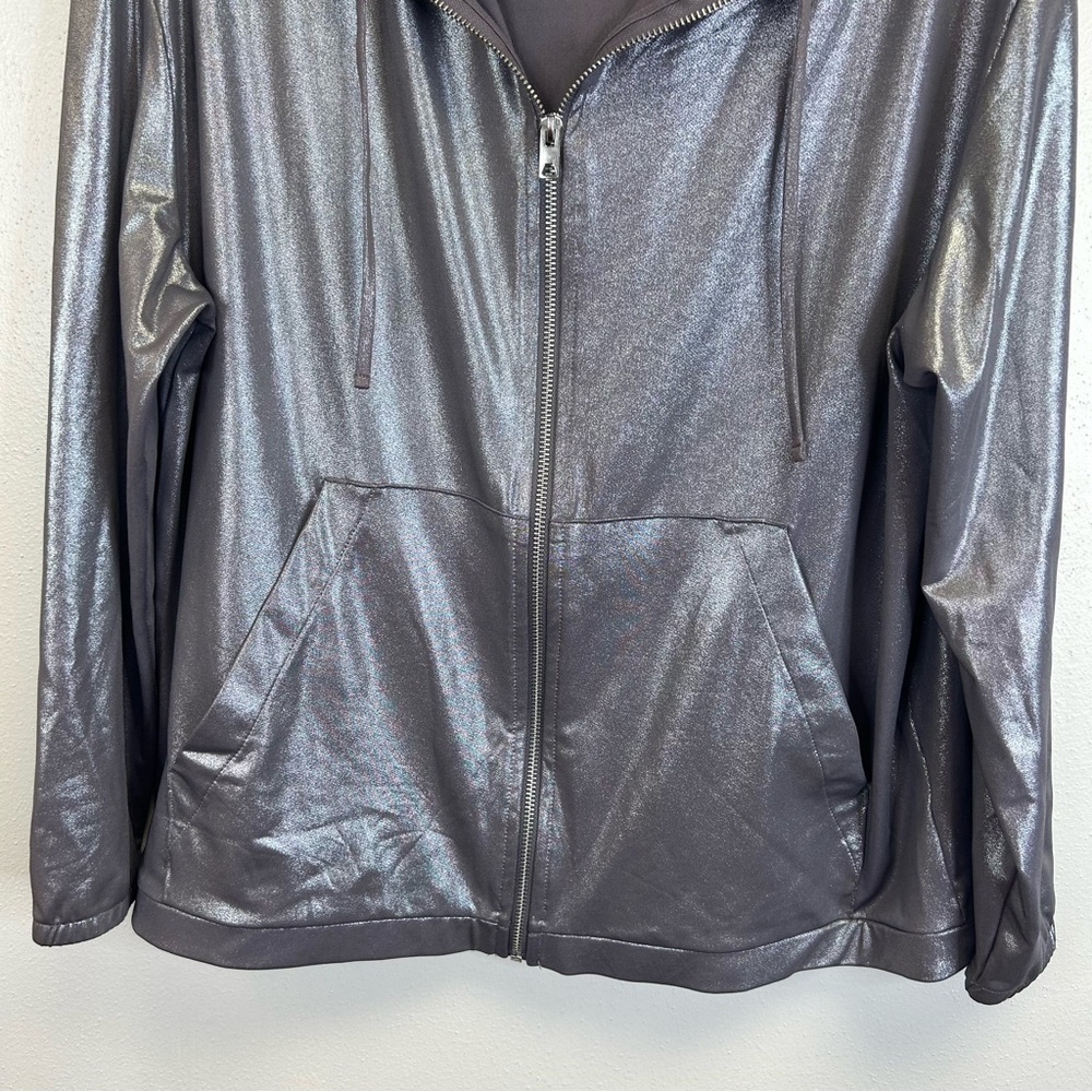 Metallic Gray Hooded Bomber Jacket XL 2X Futuristic Festival Pockets Coachella - Picture 6 of 14